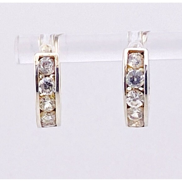 Silver Tone CZ Hoop Earrings Huggy Hoops 5/8" Diameter - Picture 2 of 5